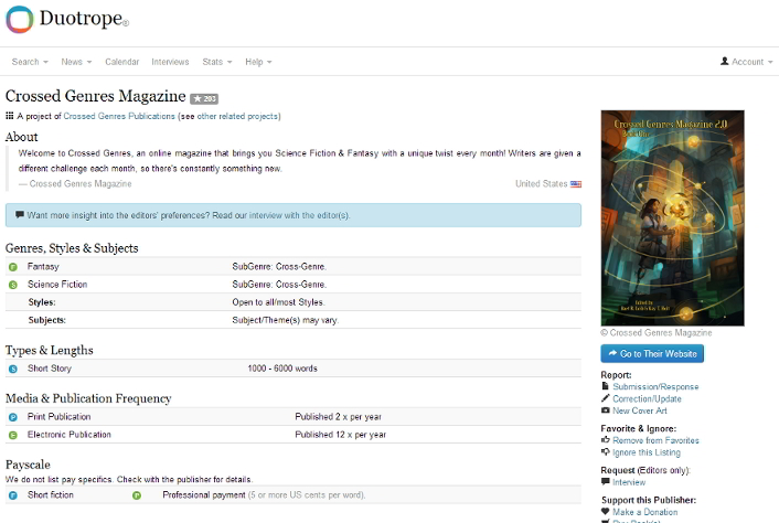 The Crossed Genres entry at Duotrope (more info off screen)